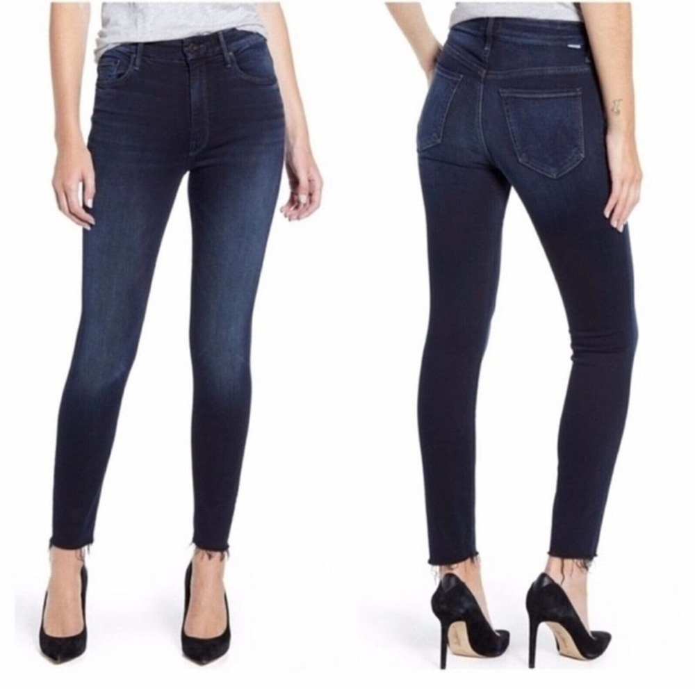 Mother Denim High Waisted Looker Ankle Fray Jeans Untouched Dark Wash